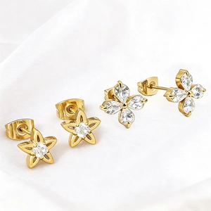 Zircon Stud Earrings Butterfly Clover Star Bowknot Titanium Steel 18K Gold Plated Elegant Fashion Women Jewelry