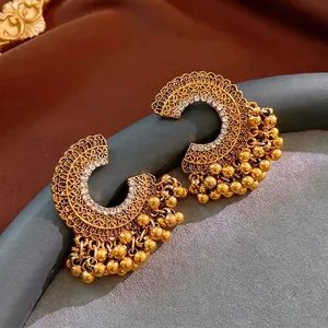 Vintage Ethnic C Shaped Alloy Rhinestone Earrings With Metal Ball Tassels Steel Earring Post Hollow Out For Women
