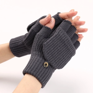 Detail of dark grey knitted convertible mittens showing fingerless design and button closure