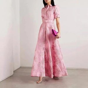 Elegant pink jacquard maxi dress with A-line skirt and waist belt for a chic summer look