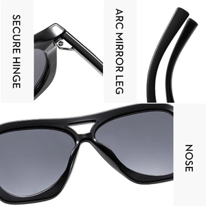 Detail view of secure hinges, arc mirror legs and nose pads on black sunglasses