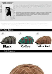 Detailed size guide for plaid newsboy caps with color options and head measurement tutorial