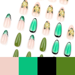 Almond-shaped press-on nails set featuring 3D tropical yellow flowers and green French patterns
