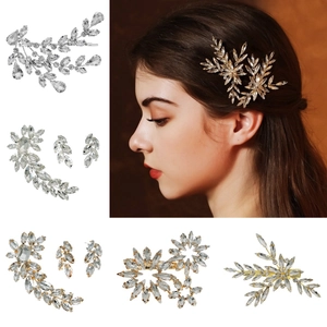 Rhinestone Hair Clip And Ear Cuff Leaf Flower Design Brass Alloy Wedding Bridal Accessory For Women Party
