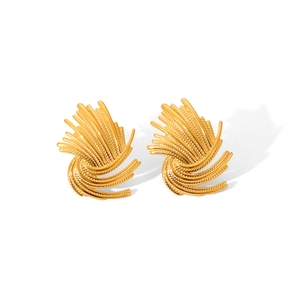 Golden stainless steel starburst earrings with spiral design and grainy texture detail