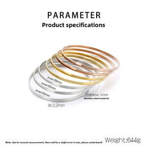 Detailed size chart for 3.2mm wide stainless steel stackable bangles in three colors