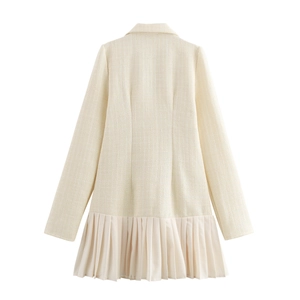 Elegante abito blazer in tweed beige da donna con orlo a pieghe e schiena sagomata