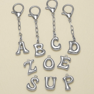 Alphabet Initial Letter Keychain Puffy 3D Copper Platinum Plated Metal Bag Pendant Accessory Minimalist Gift Silver Tone