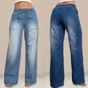 Dames Wide Leg Jeans Hoge Taille Elastische Trekkoord Denim Broek Met Zakken Gewassen Casual Los Recht