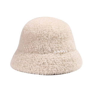 Thick warm cream faux fur bucket hat for women decorated with elegant side pearl accents