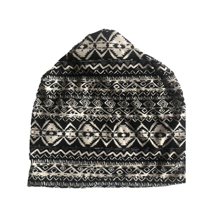 Detailed view of the black and white ethnic geometric pattern on the knit slouchy beanie
