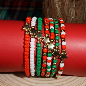 Multilayer Christmas beaded bracelet with red green white beads and gold star charm