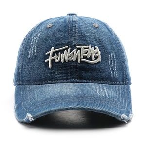 Vintage washed denim baseball cap with 3D embroidery and distressed detailing for outdoors