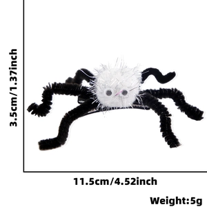 Detail showing 11.5cm plush spider hair clip with black tinsel legs and metal duckbill clip