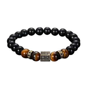 Tiger eye and matte black beaded bracelet with gold micro-pave cubic zirconia accents