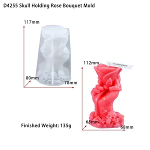 Detail of 3D skull hand holding rose candle mold with dimensions and finished product