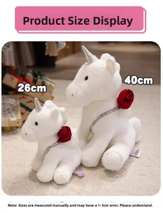Detailed comparison of 26cm and 40cm white plush unicorns with red rose and silver horn