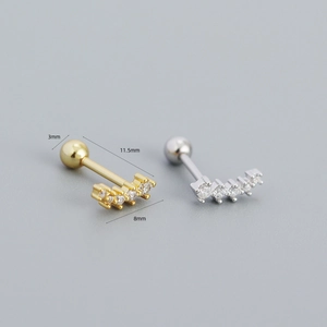 Macro detail of curved S925 silver stud earrings with diamond inlay and 3mm ball back