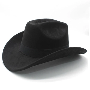 Classic black suede western cowboy hat with upturned brim and ribbon trim for men and women