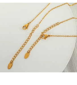 Detailed close-up of gold stainless steel lobster clasp and extender chain with S.steel tag