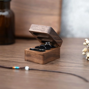 Premium black walnut wood wedding ring box with double slots and soft black lining
