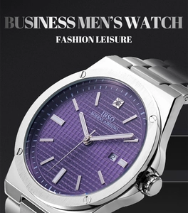 Macro shot of silver stainless steel watch with deep purple textured dial and date window