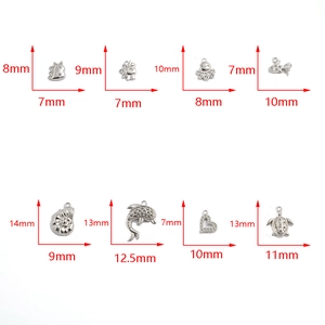 Detailed size specifications for stainless steel animal charms with dimensions in millimeters