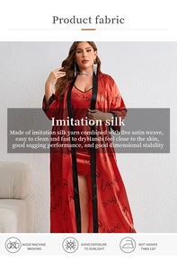 Detailed view of red imitation silk sleepwear with love script and heart patterns
