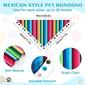 Pet Mexican style rainbow striped bandana with colorful pompom trim for cats and dogs