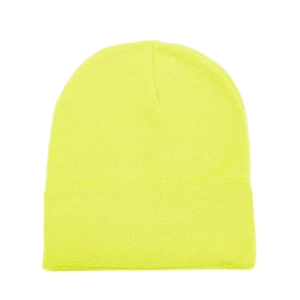 Close-up of the neon yellow knit beanie showing elastic texture and vibrant color