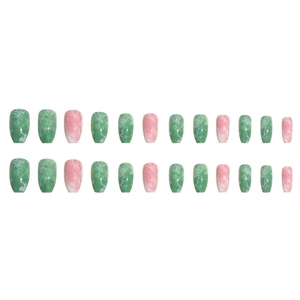 Pink and green marble press-on nails with gold foil in mid-length coffin shape
