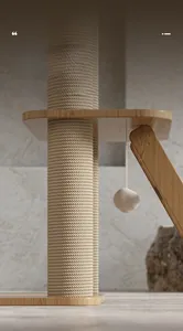 Close-up of premium sisal rope scratching post and solid wood platform on cat tree