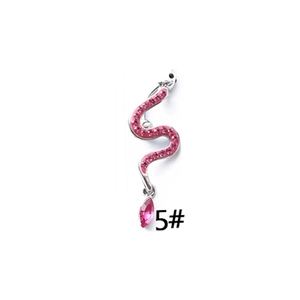 Detailed view of snake-shaped belly ring with pink crystals and a marquise zircon drop
