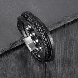 Men's multilayer black braided leather bracelet with silver stainless steel clasp