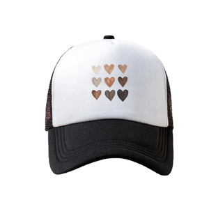 Fashionable summer trucker hat with 9 multi-skin tone hearts on white mesh panels
