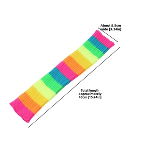 Detail of colorful rainbow striped knit leg warmers showing soft ribbed texture and length