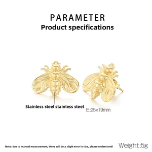 Detailed view of golden bee earrings with 25x19mm dimensions and stainless steel material