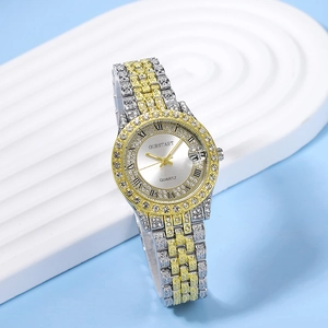 Montre quartz femme de luxe avec bracelet bicolore et lunette en cristal avec calendrier
