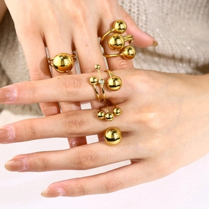 Statement gold stainless steel ball ring set with polished sphere beads and zircon accents