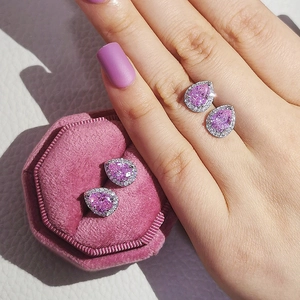 Pear-cut pink crystal halo stud earrings in teardrop shape for women elegant style