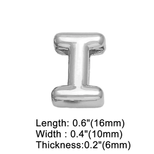 Detailed view of silver letter I charm with dimensions 16mm length and 10mm width