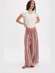 Pantalon large bohème à rayures colorées et taille haute élastique pour femmes