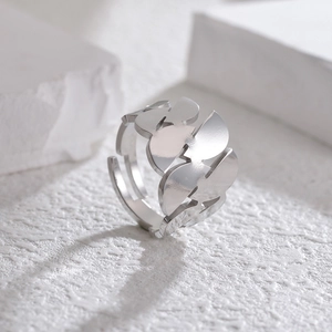 Adjustable silver irregular leaf pattern open ring with matte finish for women