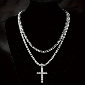 Double-layered hip hop tennis necklace set with sparkling rhinestone cross pendant