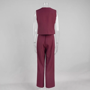 Rear view of burgundy two-piece vest and straight pants set on clear mannequin