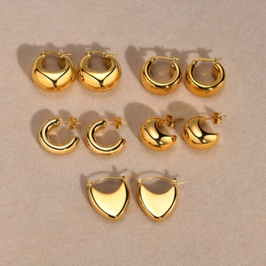 Stainless Steel Hoop Earrings 18K Gold Plated Geometric Hollow Chunky C-Shape Minimalist Fashion Jewelry For Women