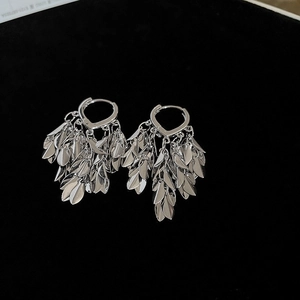 Silver leaf tassel earrings with multilayered drop-shaped metallic fringe for women