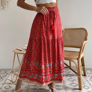 Jupe Longue Bohème À Fleurs Taille Haute Élastique Viscose Cordon À Pompons Ligne A Été Décontracté Plage Vacances