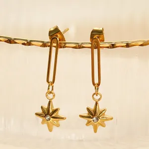 Octagram Star Dangle Earrings 18K Gold Plated Stainless Steel With White Zircon North Star Pendant For Women Fashion