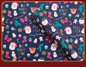 Detail of Christmas wrapping paper featuring Santa, snowmen and festive greetings